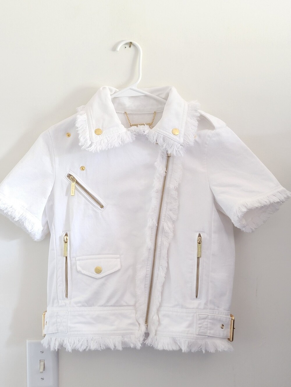 Michael Kors White Short-Sleeve Frayed Moto Denim Jacket Sz M MSRP $175.00 - Picture 5 of 11
